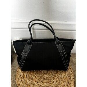 Vintage Tommy Hilfiger Black Wide Canvas Zippered Tote Top Handle 16x8x4"